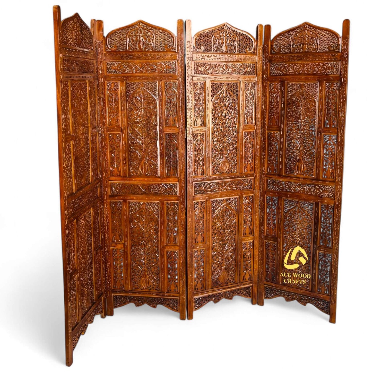 Angled view of folding privacy screen showing heavy solid wood thickness