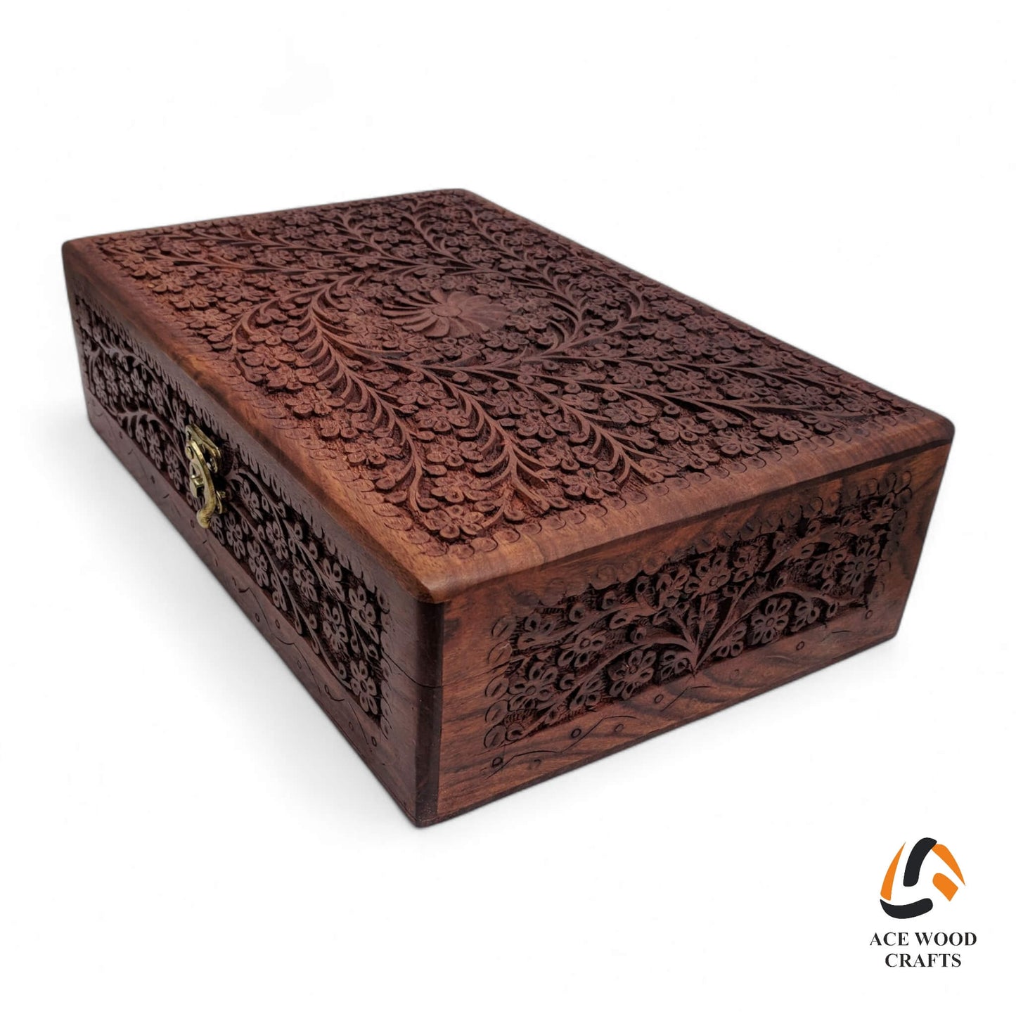 Closed view of the keepsake box showing the contrast between smooth inlay and deep carving.