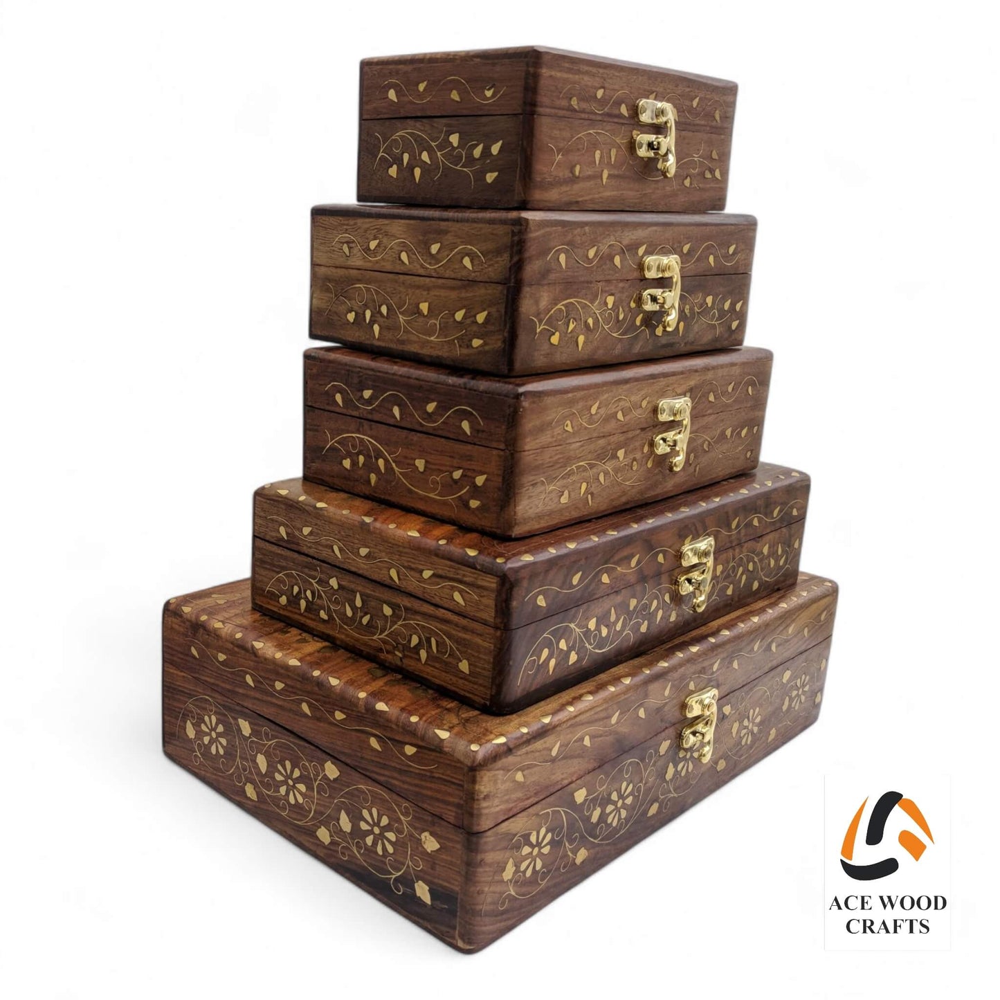 Full stack of 5 handcrafted wooden jewellery boxes arranged by size, made in Saharanpur.