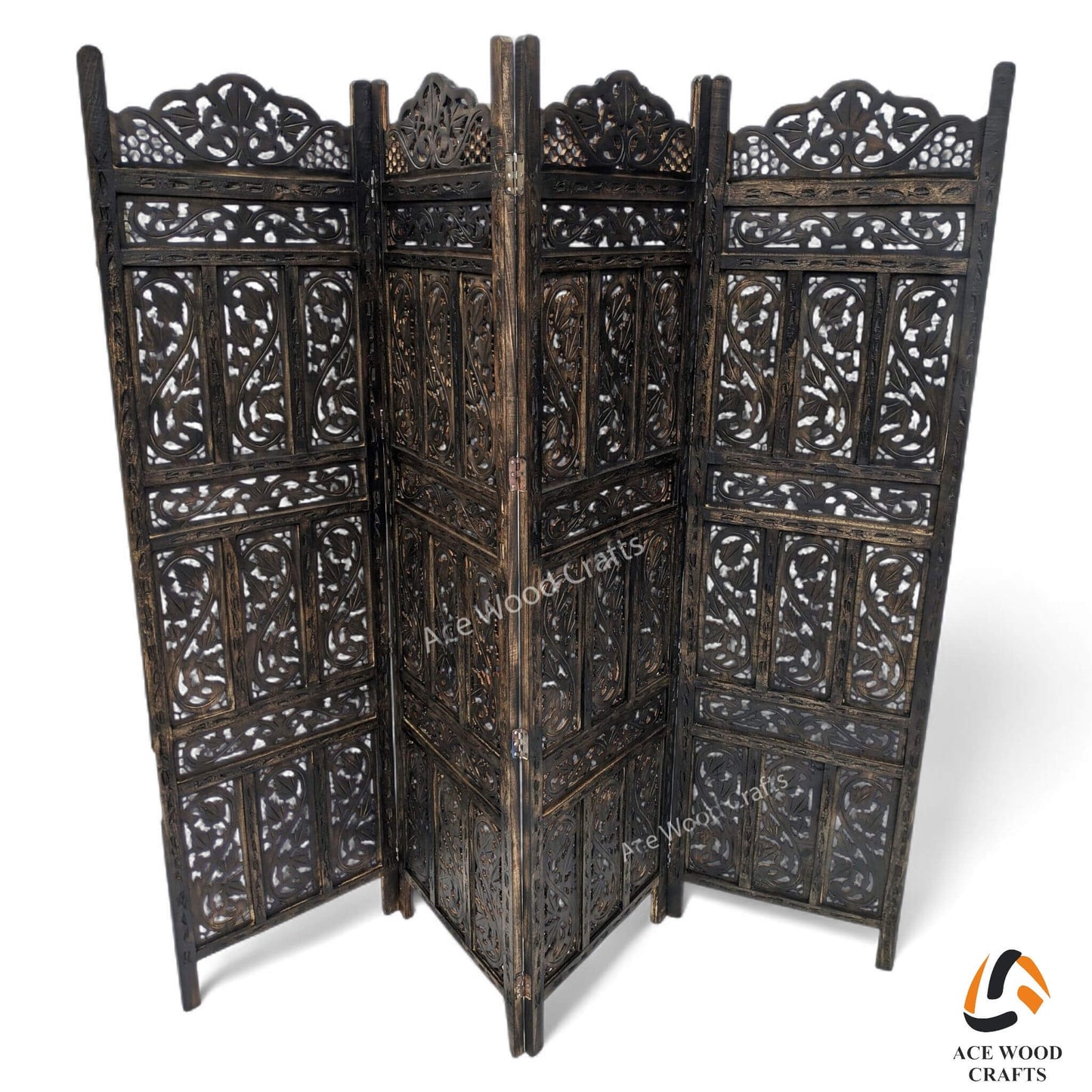 Close up detail of intricate vertical scroll and vine carving on mango wood.