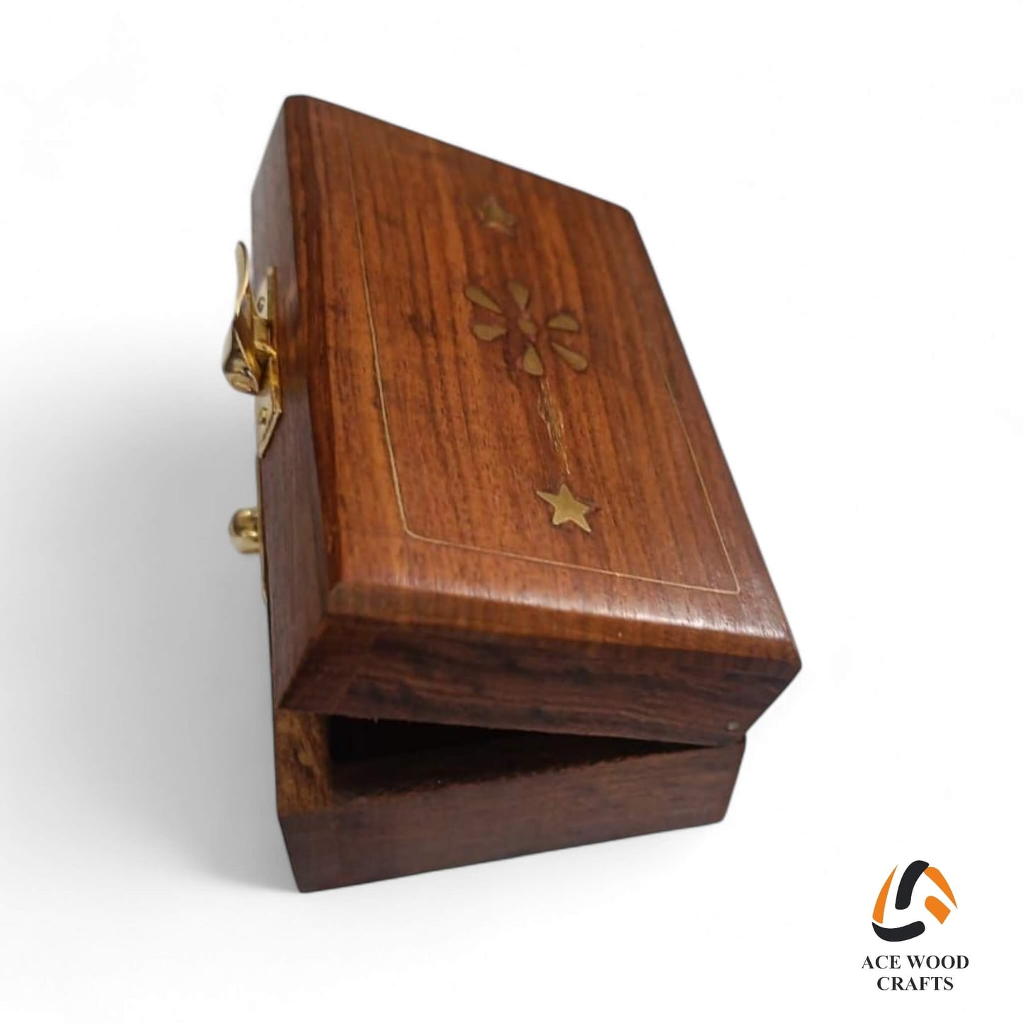 Angled side view showing the compact size and smooth polish of the box.