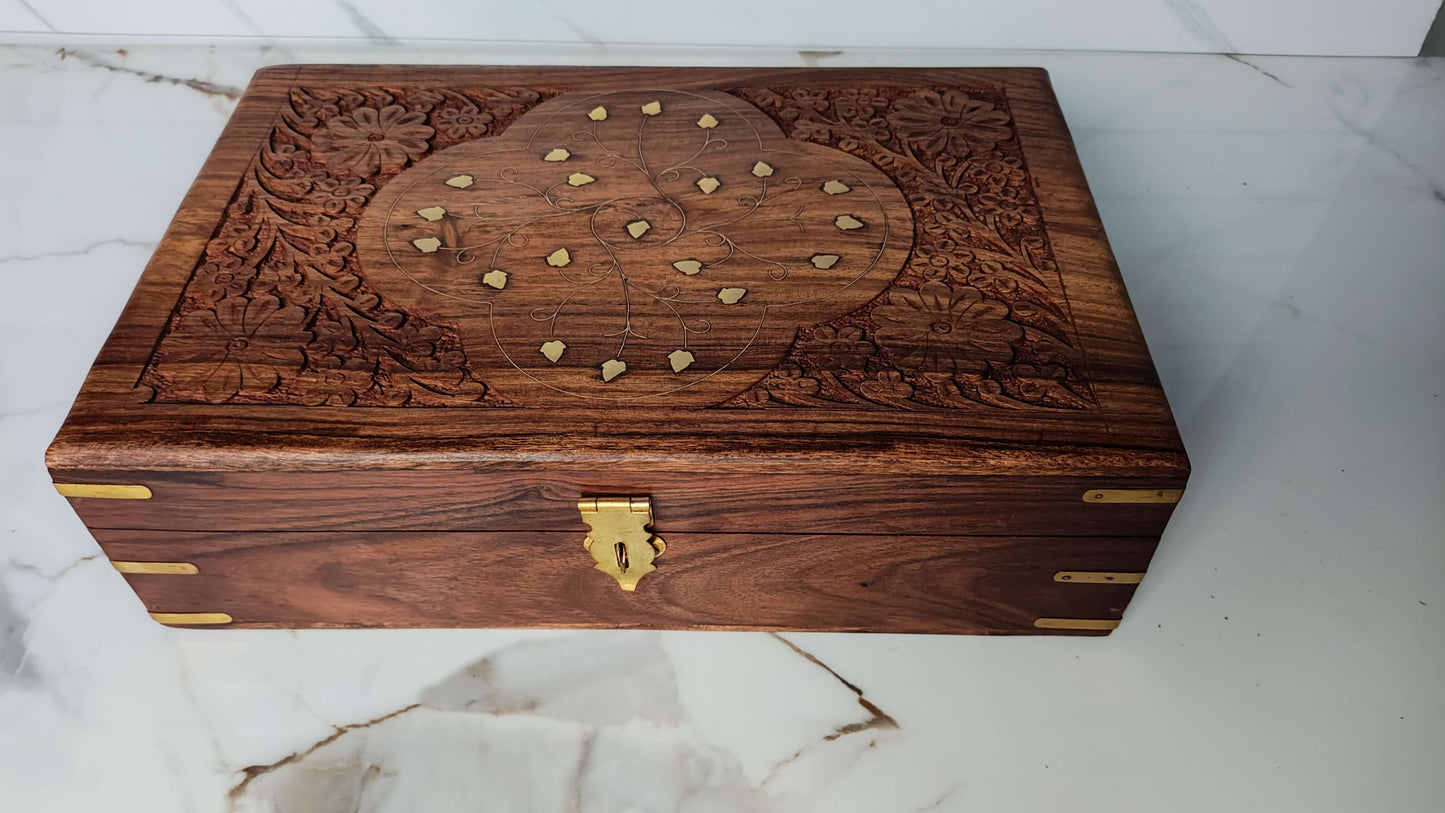 Angled side view of the handcrafted wooden keepsake box showing sturdy construction.