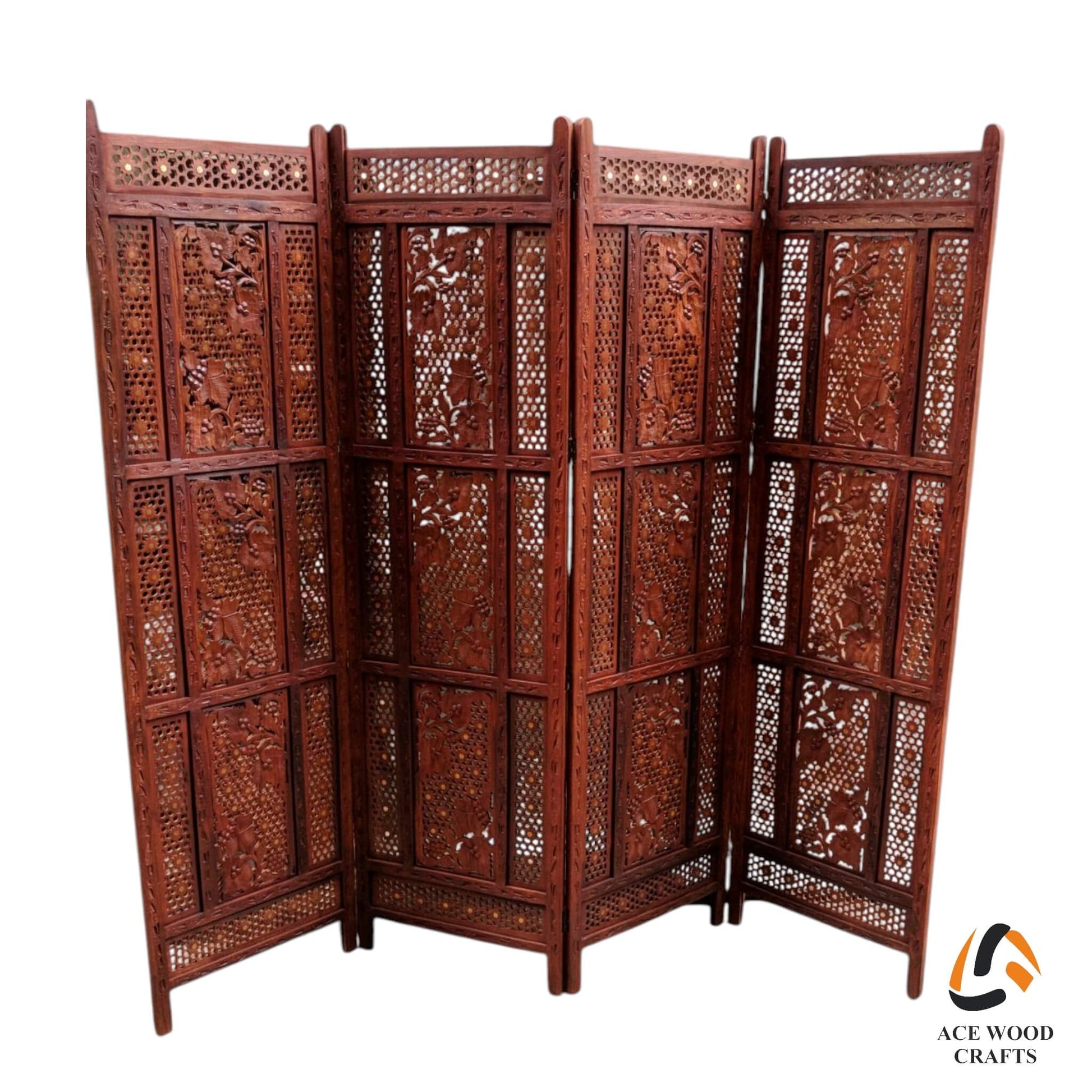 Full view of a 4-panel wooden room divider with grapevine carving and walnut finish.