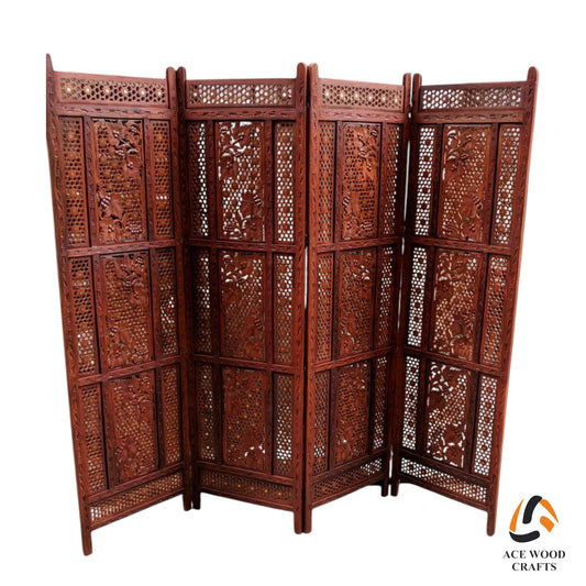 Full view of a 4-panel wooden room divider with grapevine carving and walnut finish.