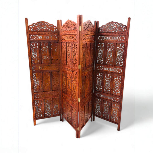 Full front view of 4-panel wooden room divider featuring intricate "Ananas" (Pineapple) Jali carving.