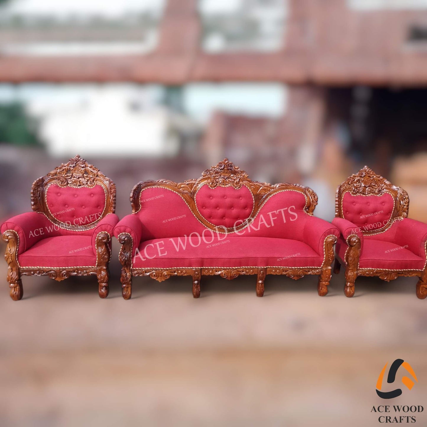 Complete 5 seater heart design sofa set in natural teak polish for living room.