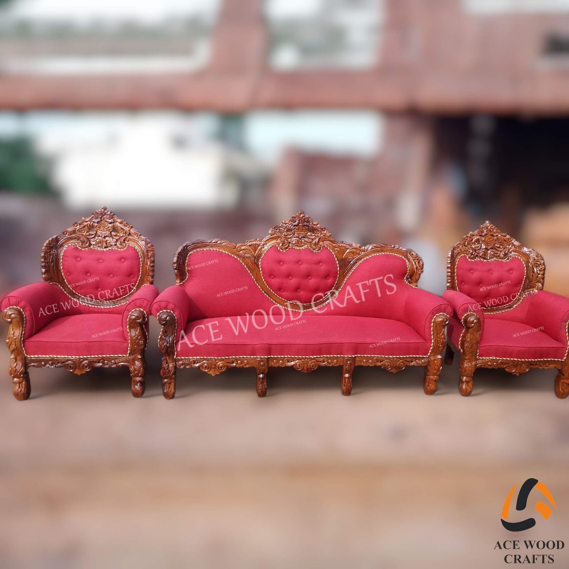 Complete 5 seater heart design sofa set in natural teak polish for living room.