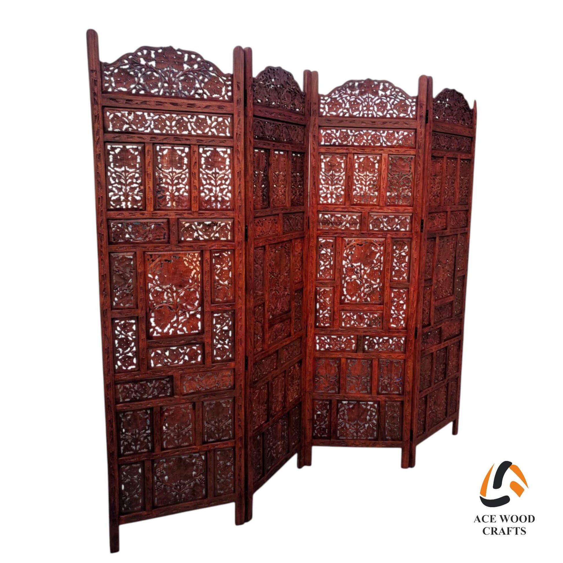 Wooden screen with intricate carvings on a white background, branded 'Ace Wood Crafts'.