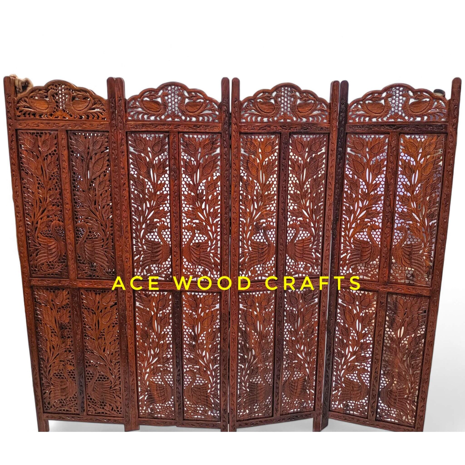 4 panel wooden room divider with intricate peacock jali design front view