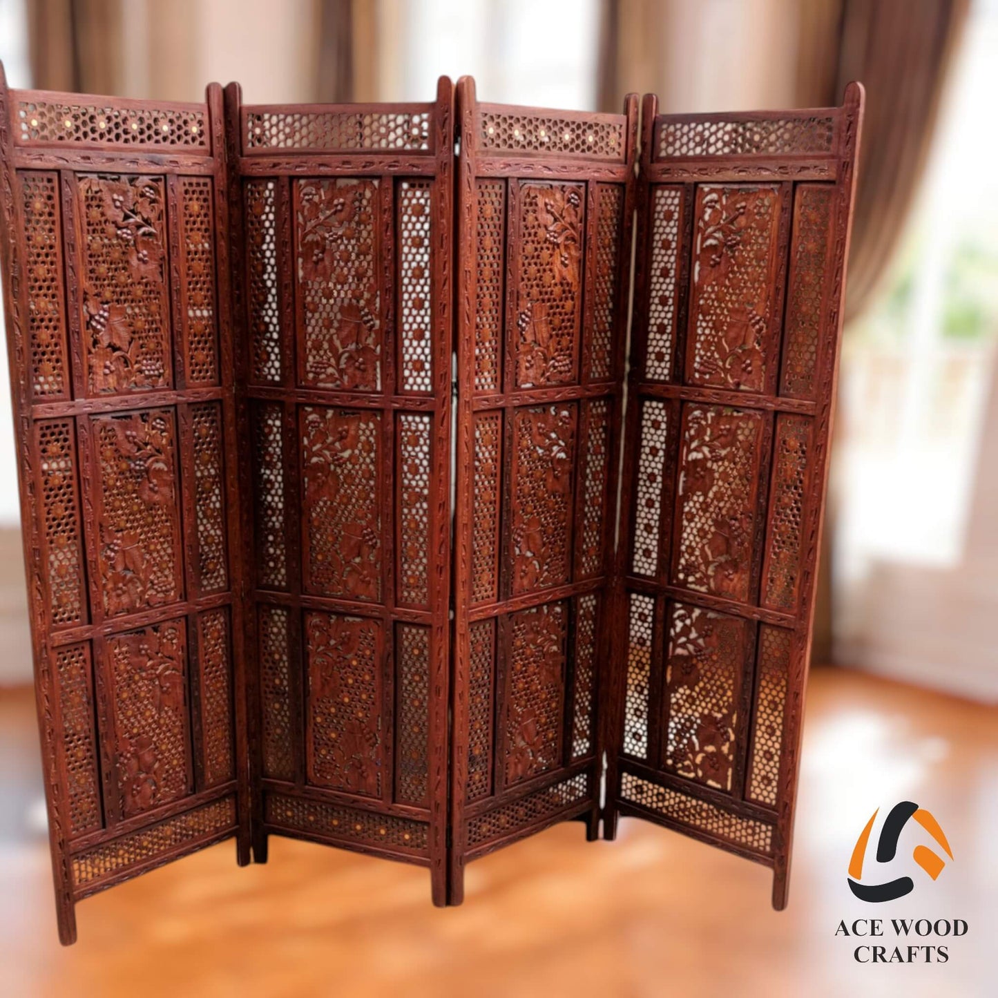 Rustic wooden room separator arranged in a zig-zag fold for stability.