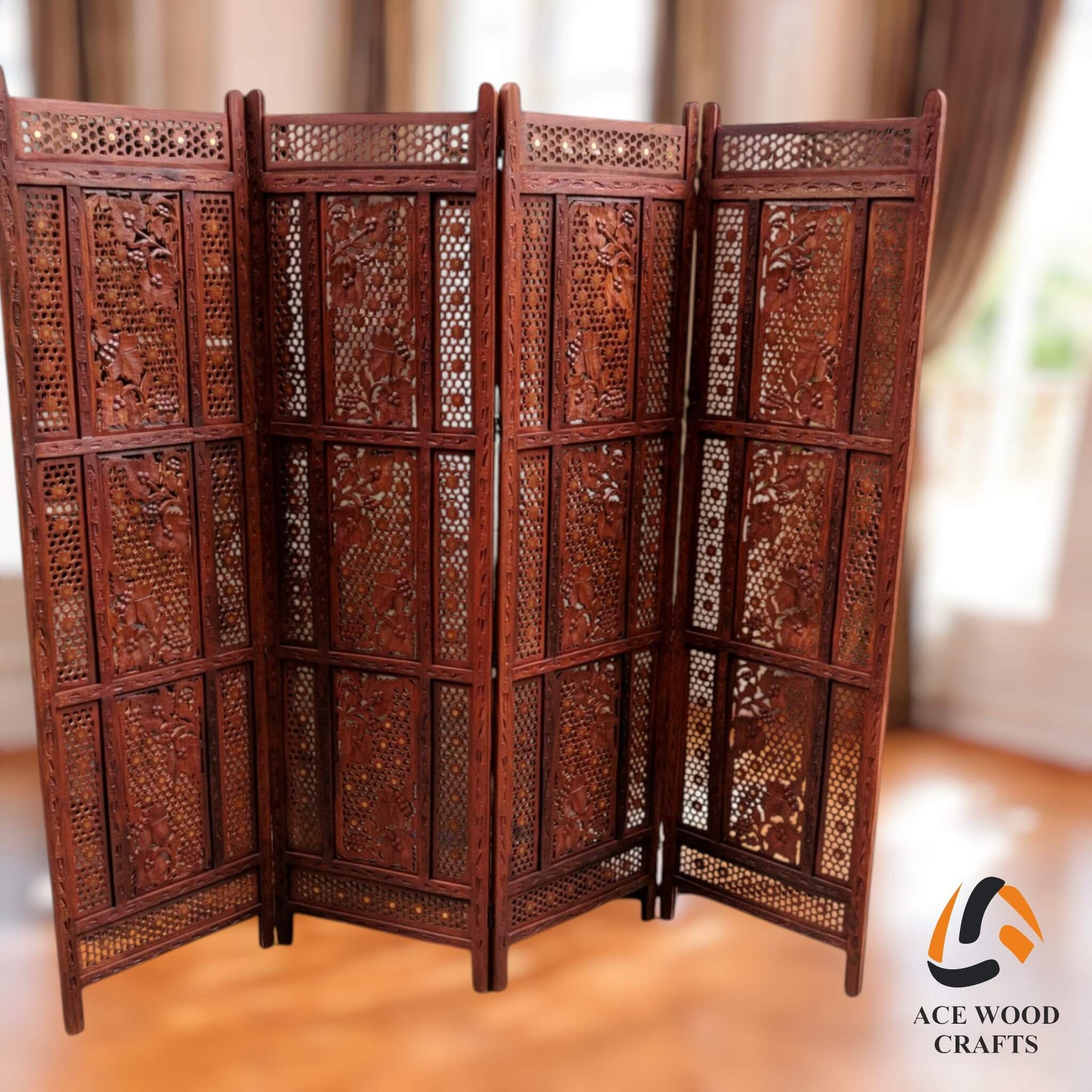 Rustic wooden room separator arranged in a zig-zag fold for stability.