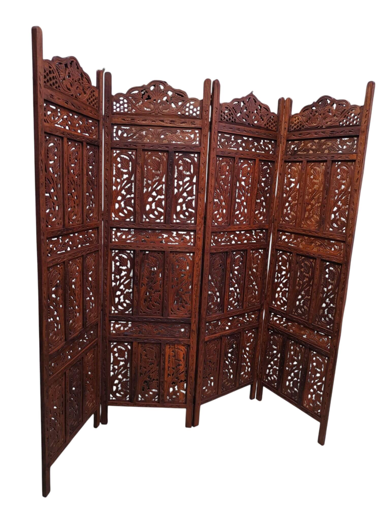 Side perspective of the antique-style wooden room separator, handcrafted in Saharanpur.