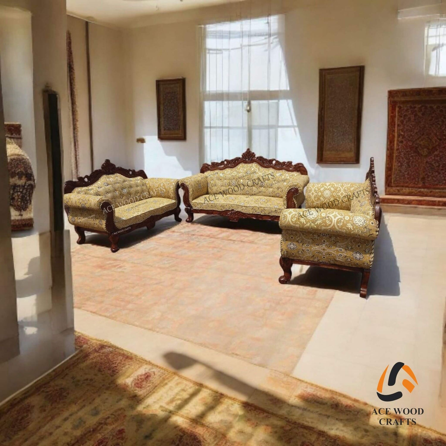 Full 5 seater teak wood sofa set in dark walnut finish with gold floral fabric.