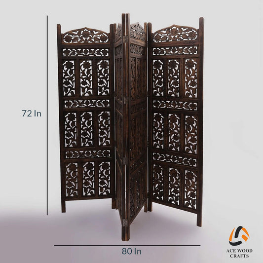 Front view of 4-panel wooden room divider with dimensions 72x80 inches.