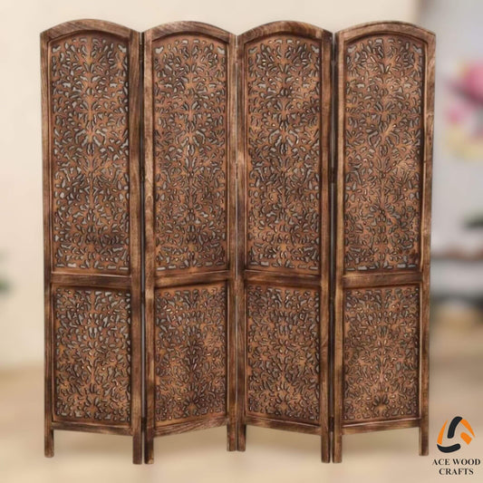 Front view of handcrafted mango wood room divider with leaf cutout design.
