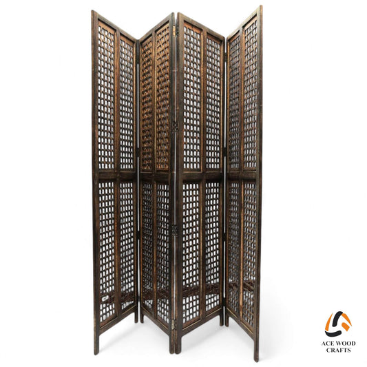 Front view of 4-panel mango wood partition with geometric basket weave design.