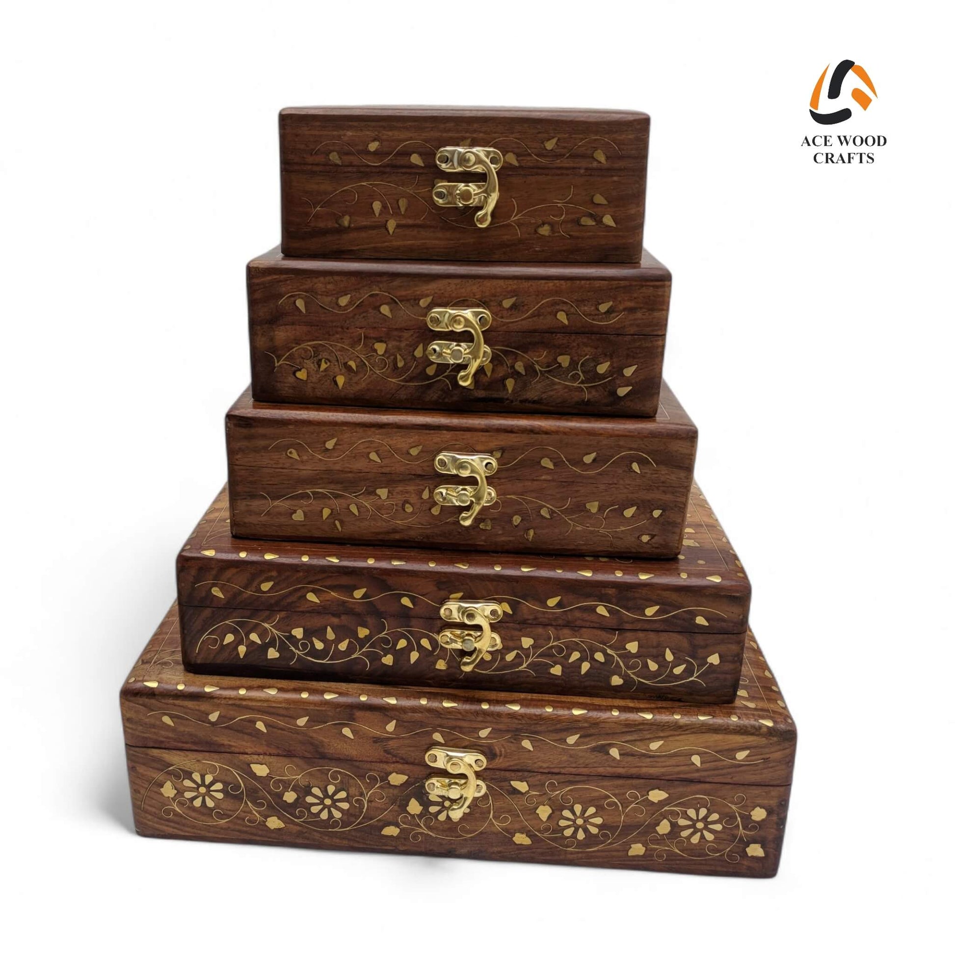 Front stack view of 5 graduated wooden boxes with secure brass latches and inlay detailing.