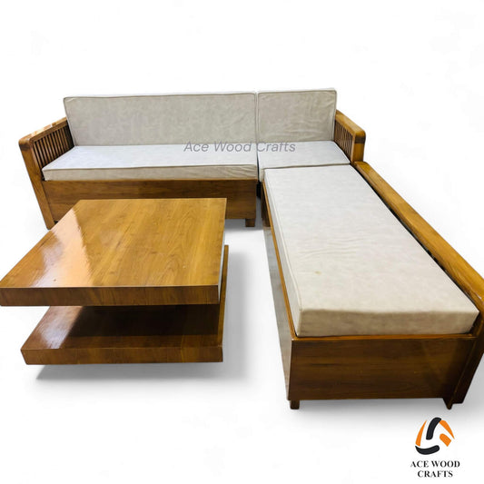 Front view of the 3-seater luxury teak wood sofa in champagne silver finish and royal blue velvet