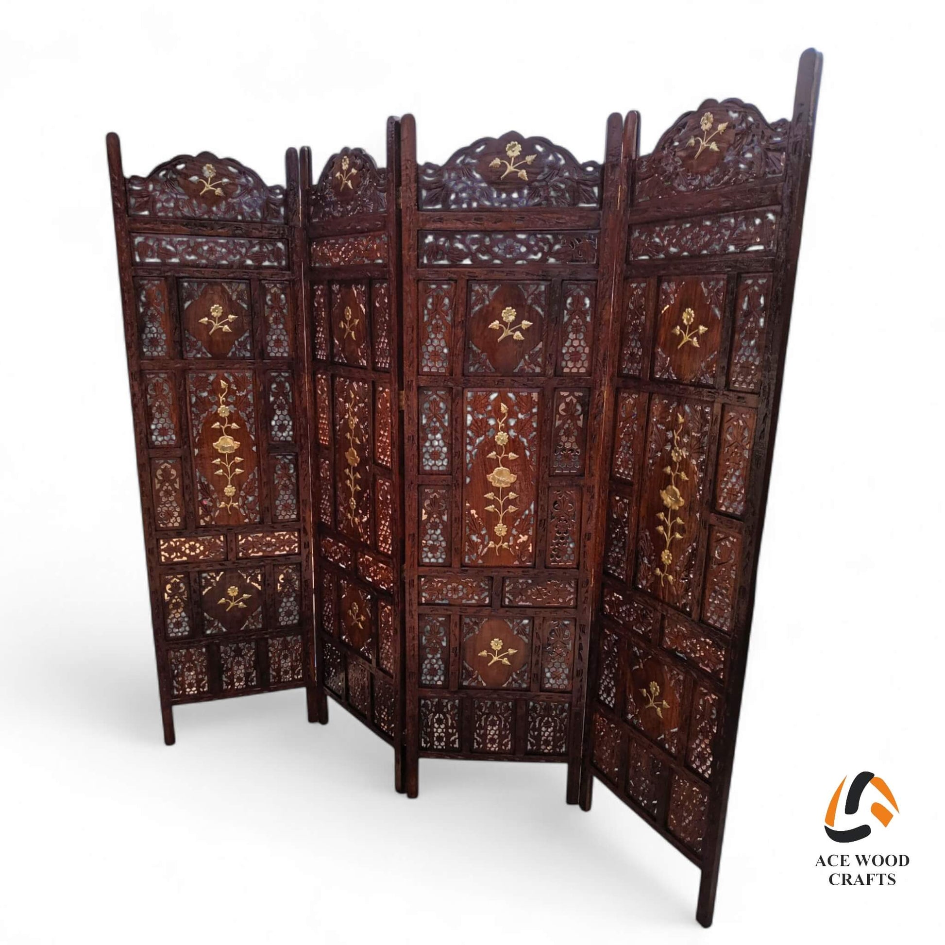 Angled view of handcrafted wooden screen showing brass floral overlay work