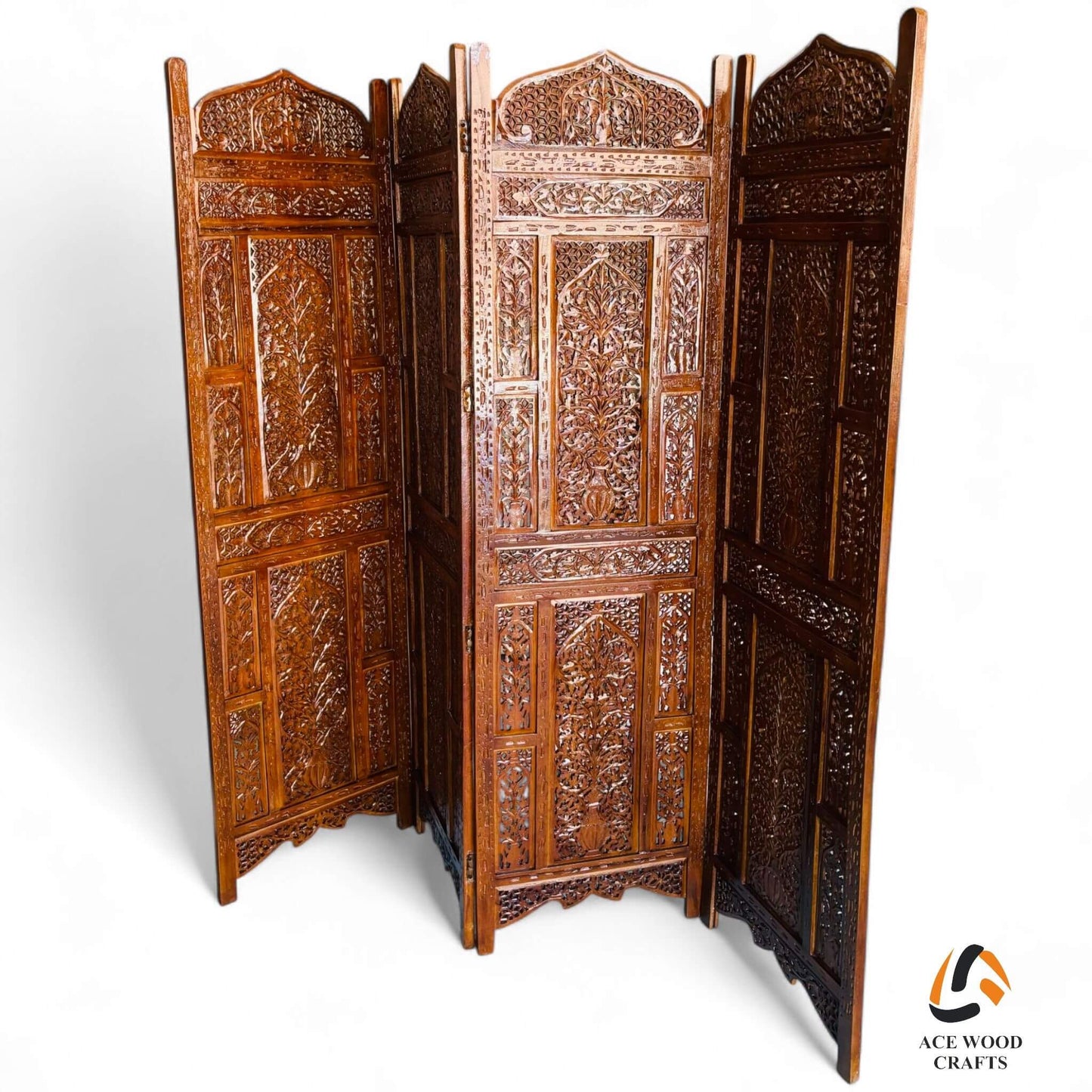 Close up detail of hand carved floral vines and vase motif on sheesham wood