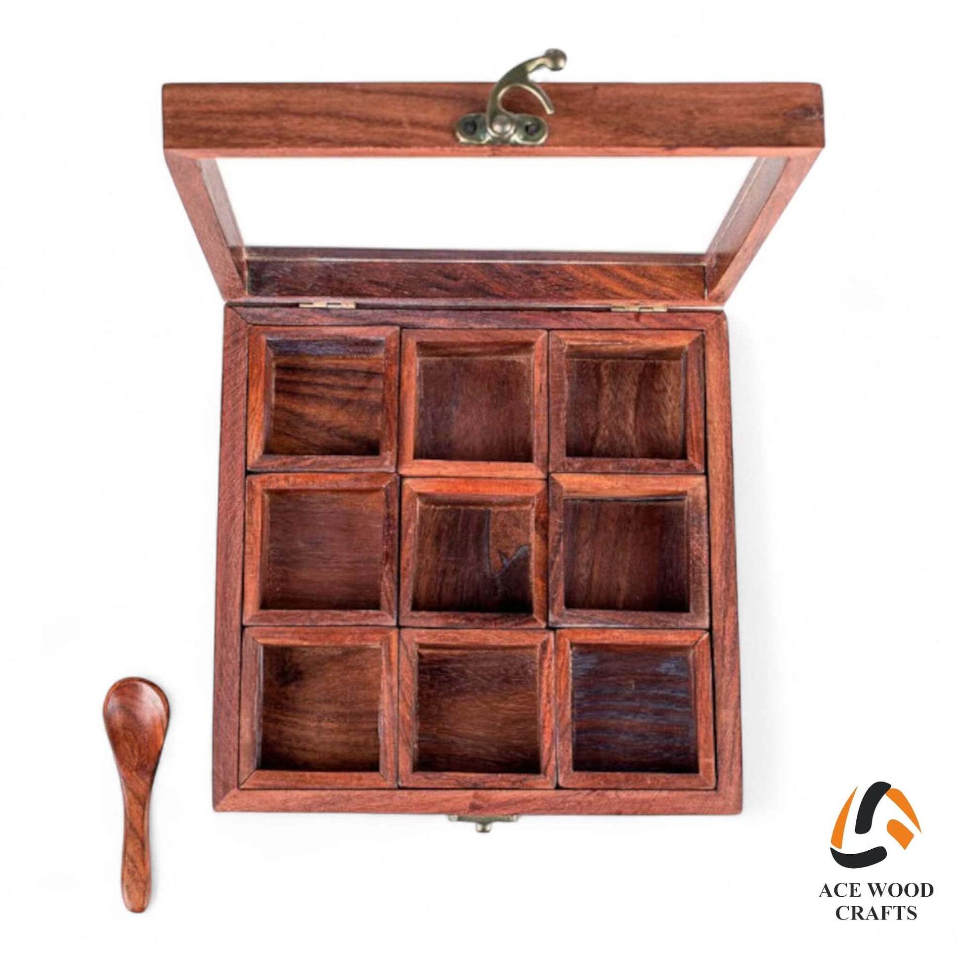 Top view of empty 9-grid wooden spice organizer showing latch and hinges.