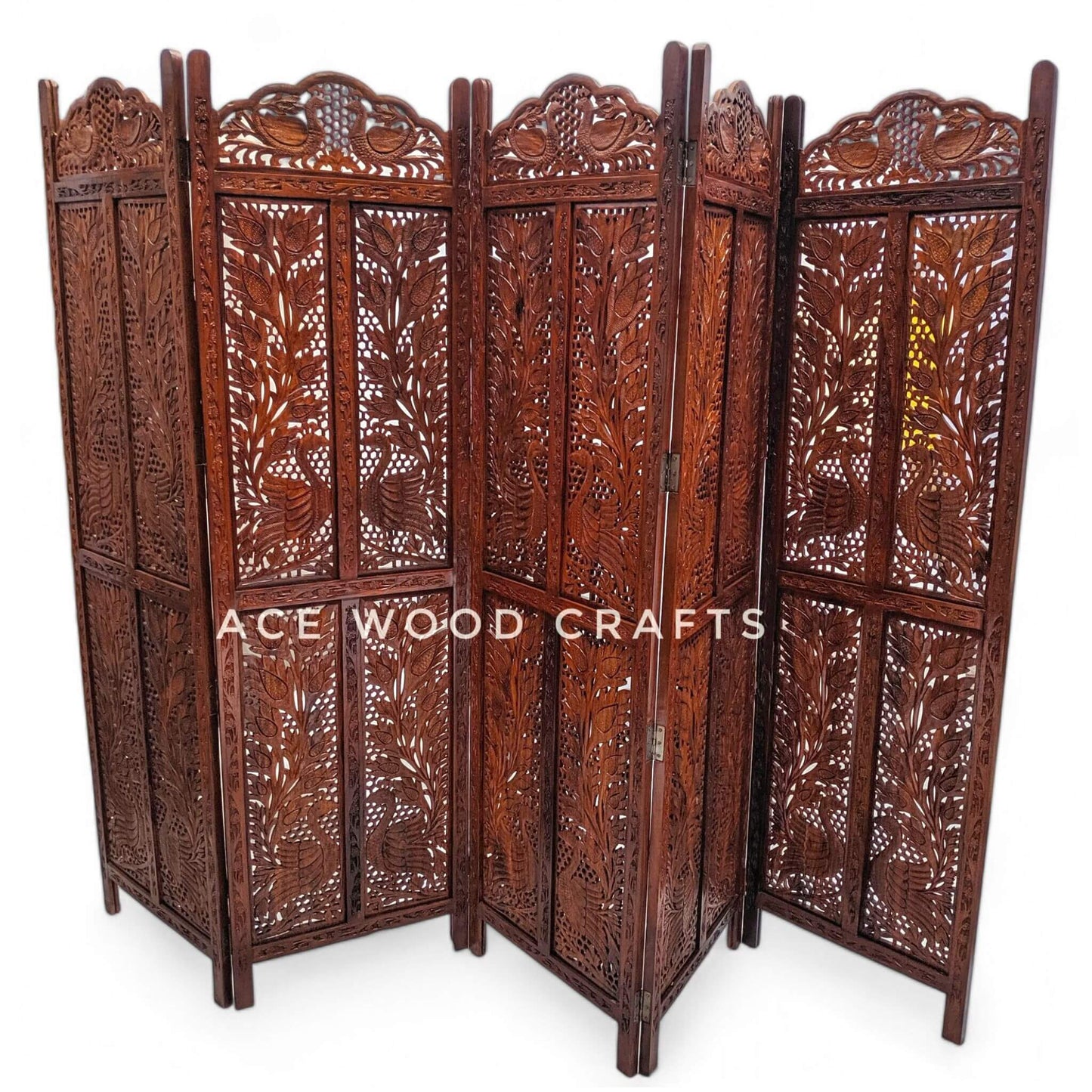 Wooden privacy screen folded in zigzag pattern showing texture and polish