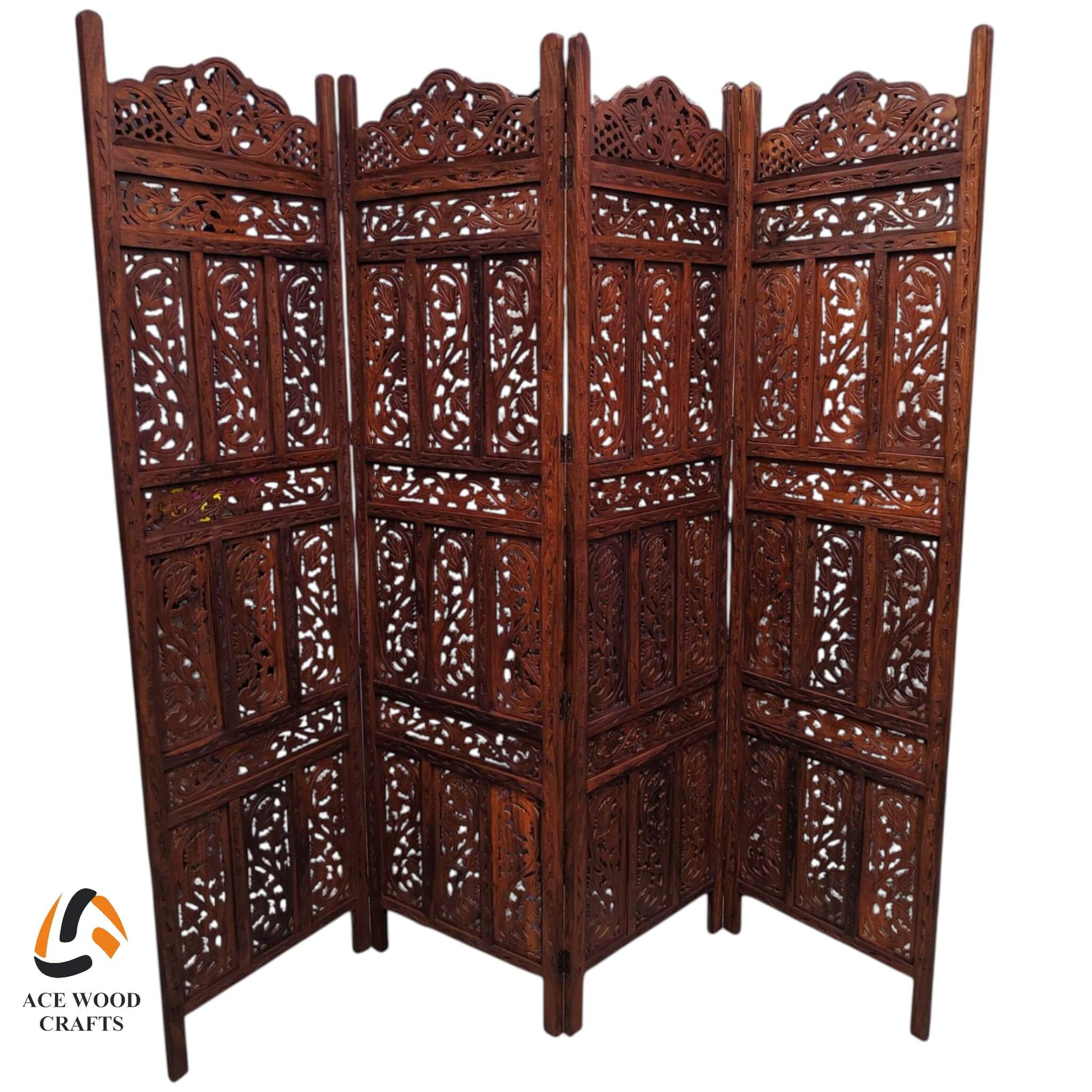 Full view of the wooden privacy screen expanded, highlighting the detailed "Mihrab" arched tops.