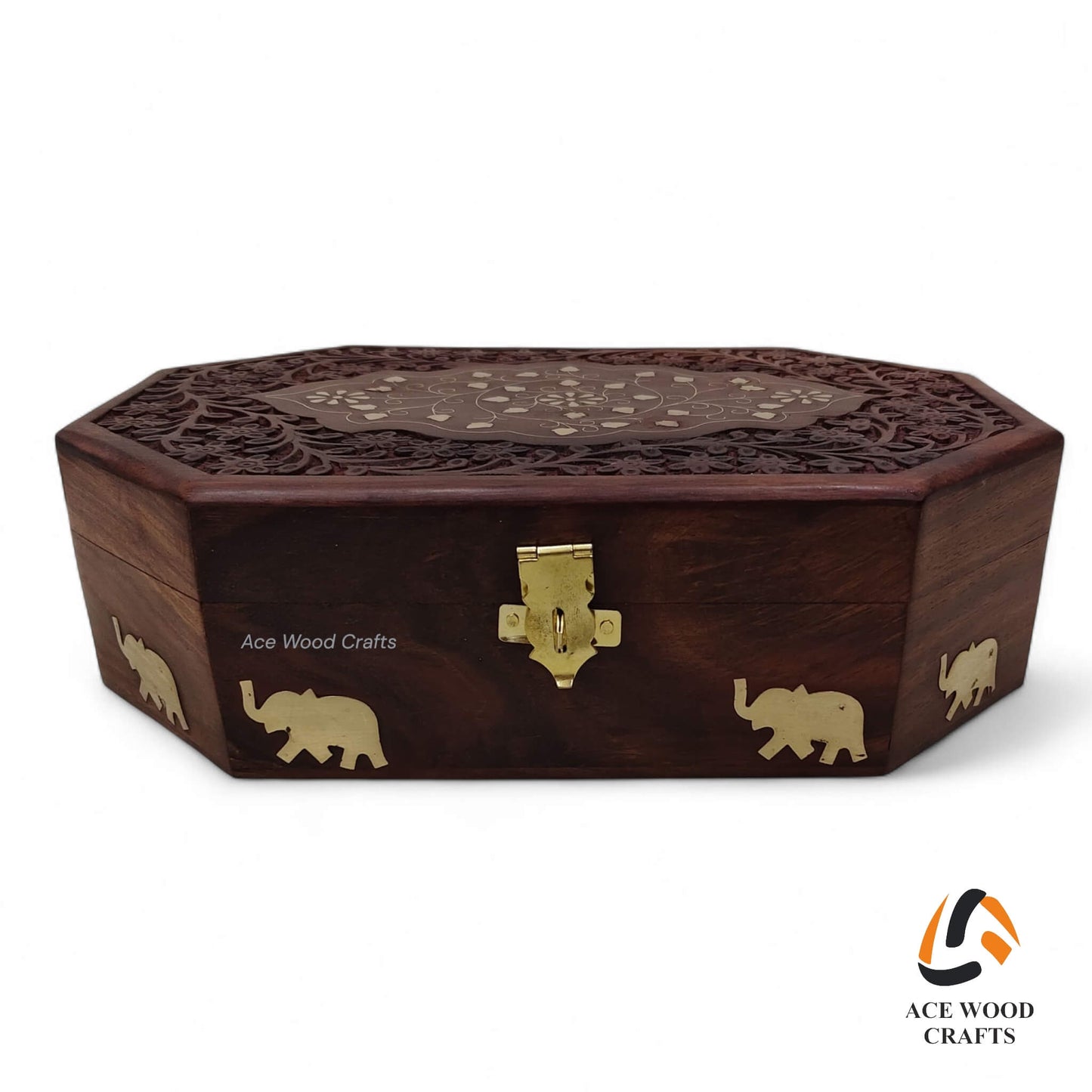 Top view of rectangular wooden tray with deep grooved texture and brass leaf inlay.