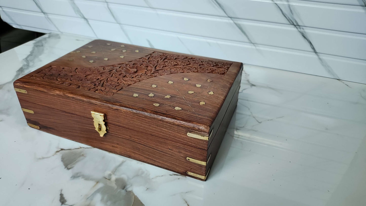 Angled view of square handcrafted wooden tray showing ribbed texture