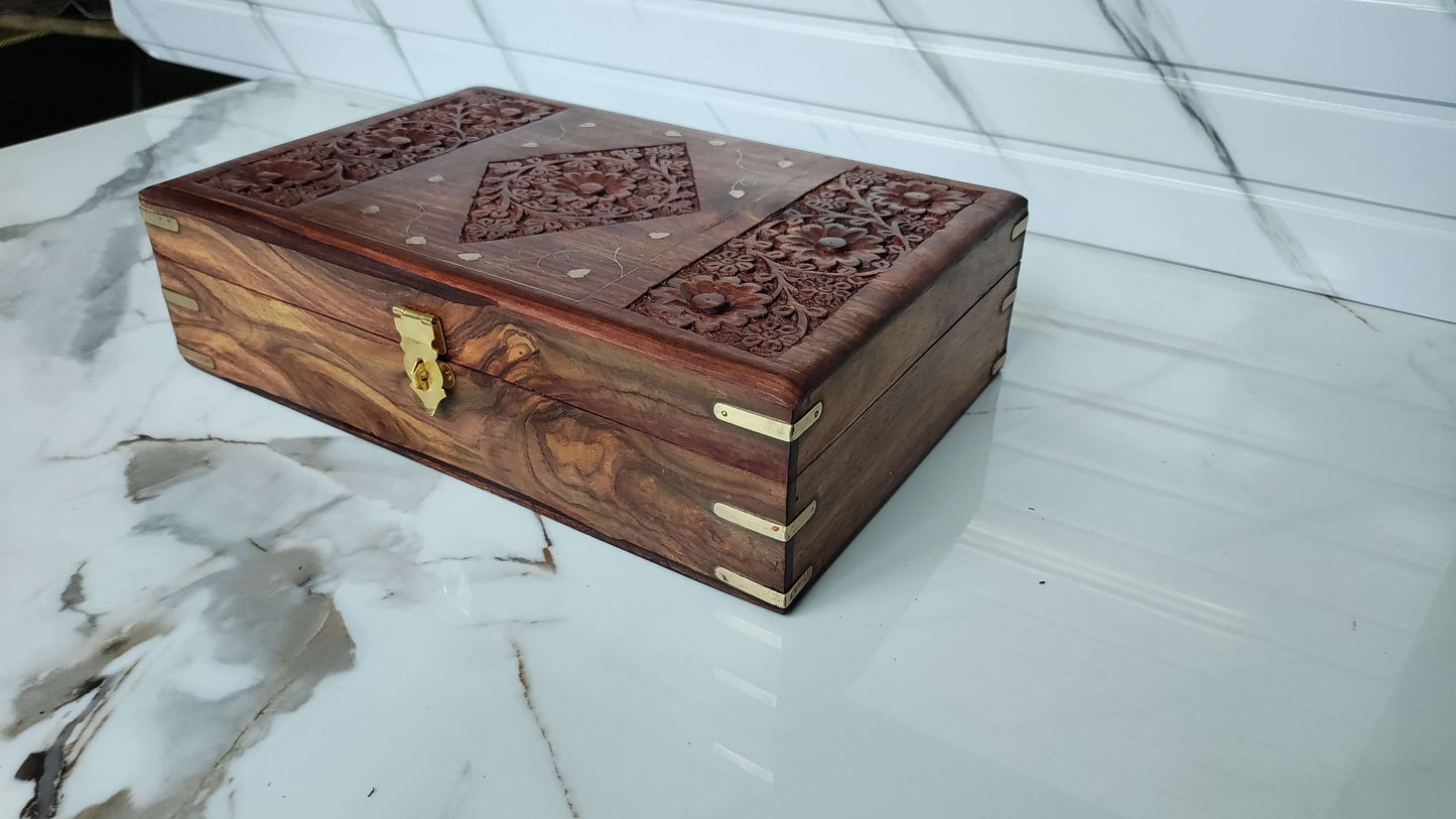 Angled view of square handcrafted wooden tray showing ribbed texture.