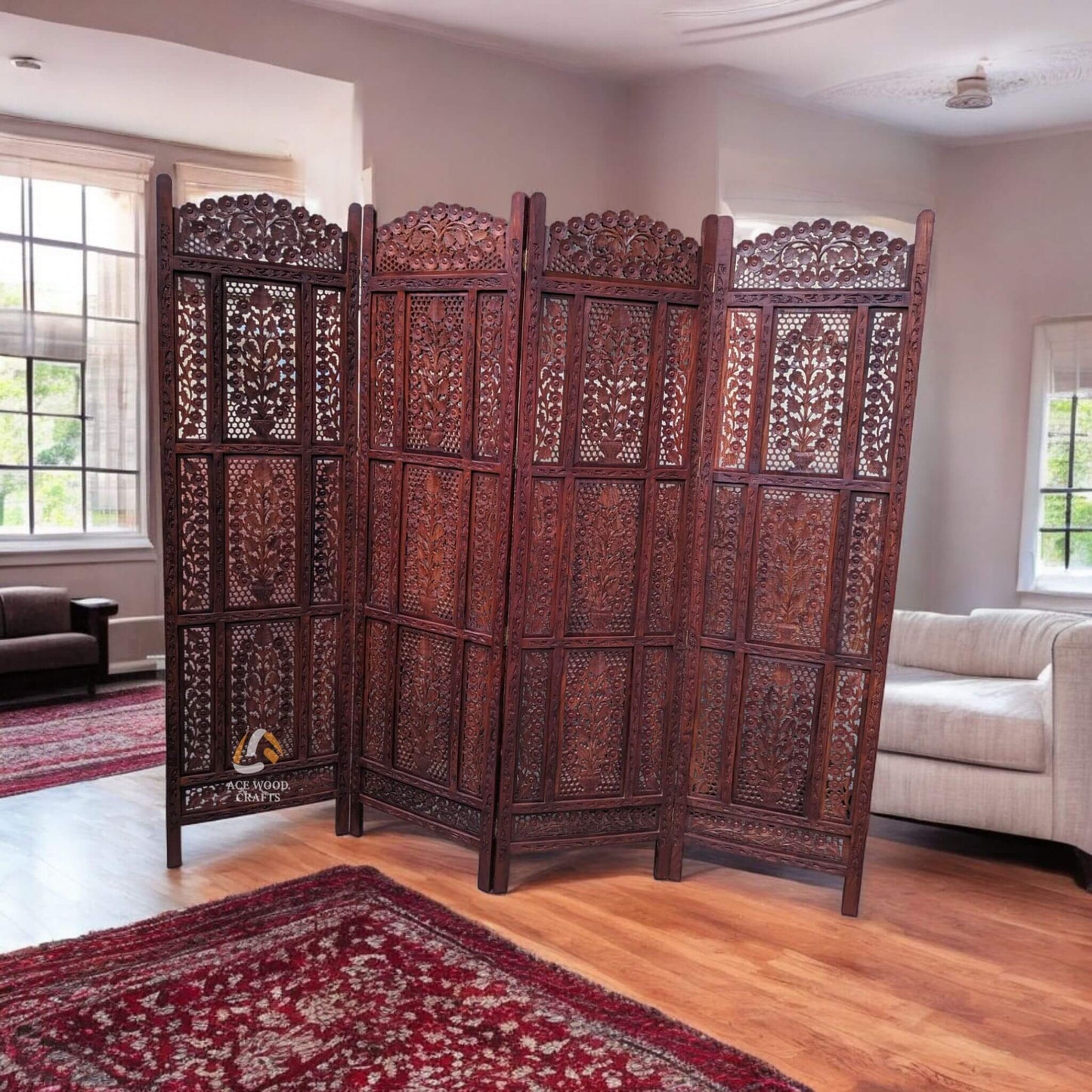 4 panel solid wood room divider with intricate floral carving and square top design
