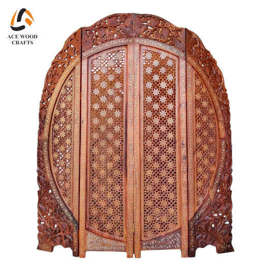 The Imperial Arch partition screen front view solid sheesham wood with brass inlay work