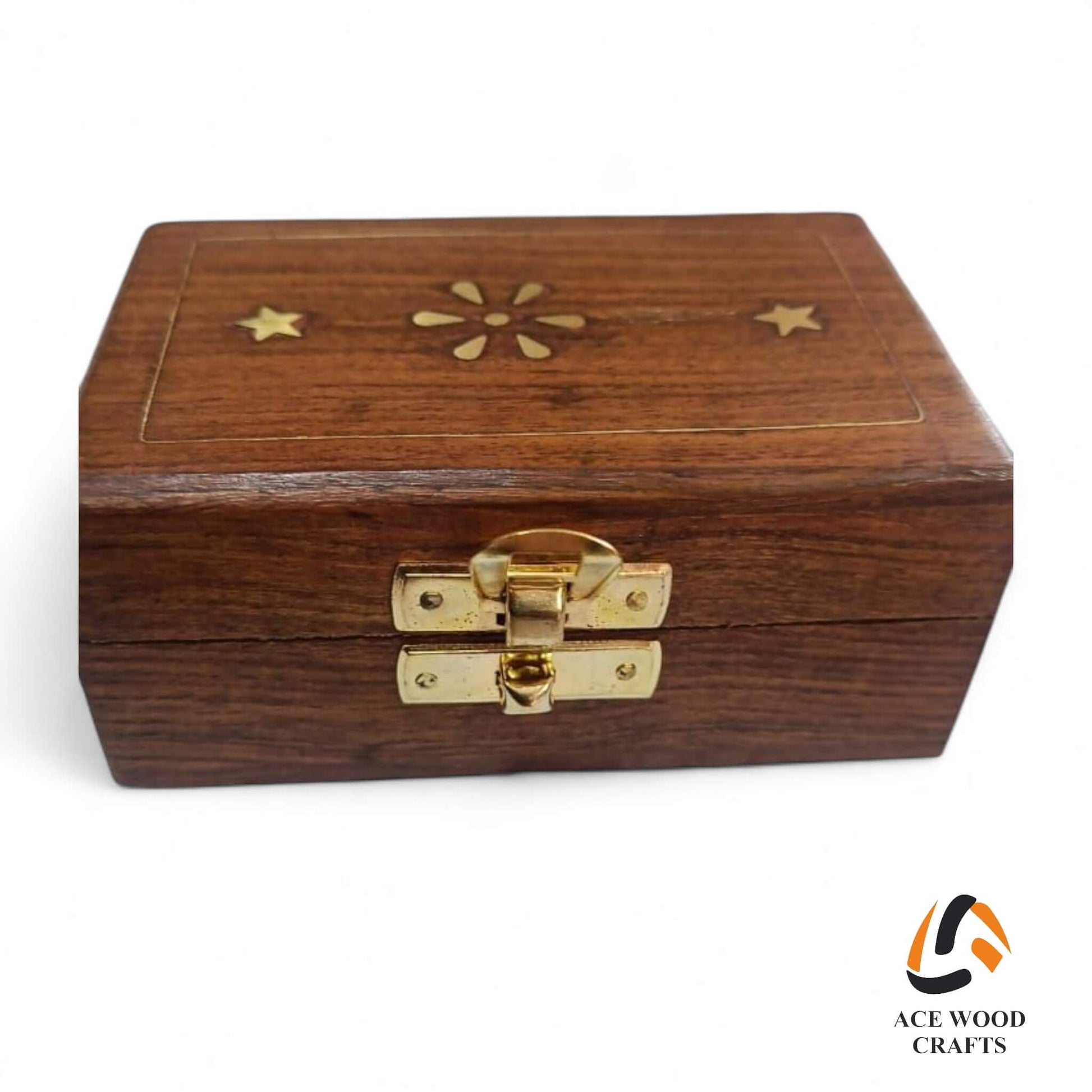 Front view of the mini box with golden brass latch and wood grain texture