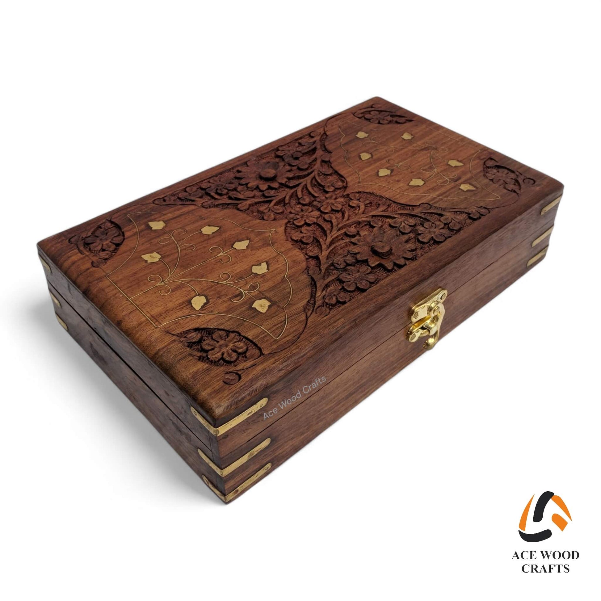 Front view showing the antique brass latch and reinforced corner brackets on the lid.