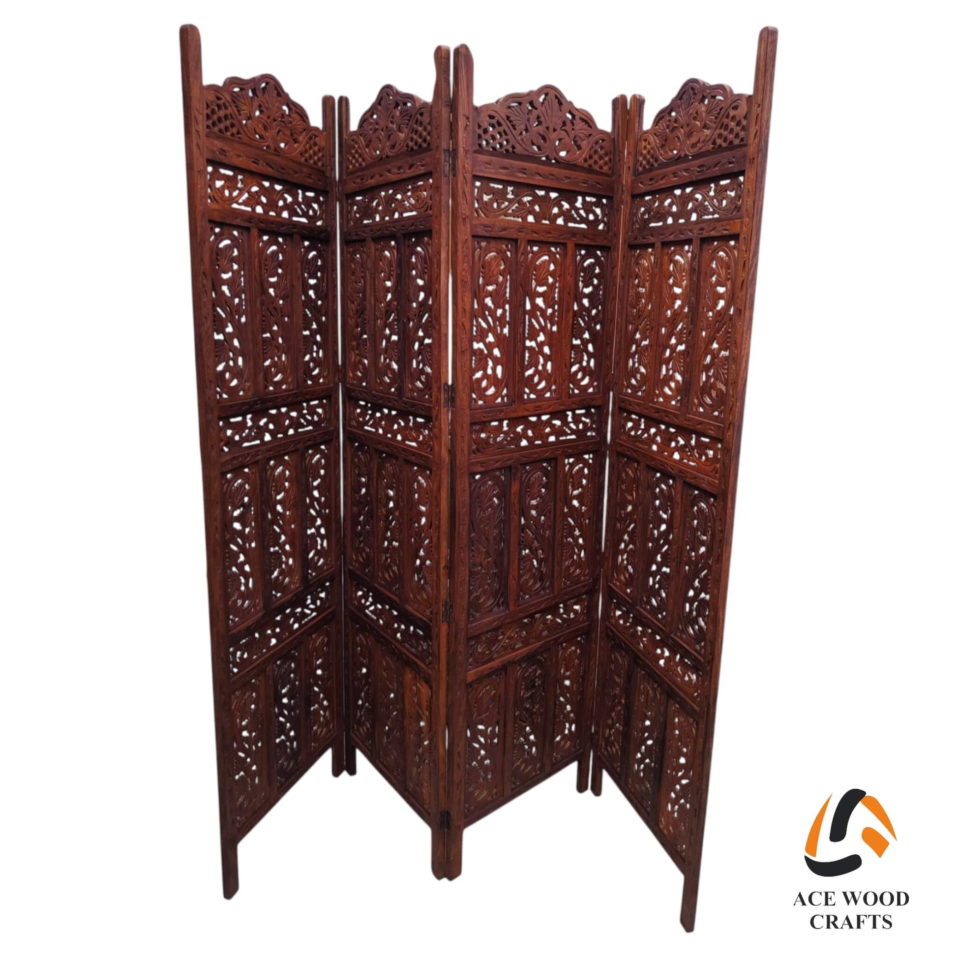 Angled view of a handcrafted wooden partition screen showing the sturdy frame and rich walnut finish.