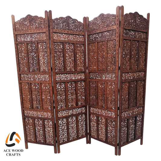 Traditional Kashmiri style hand carved wooden partition screen front view full height