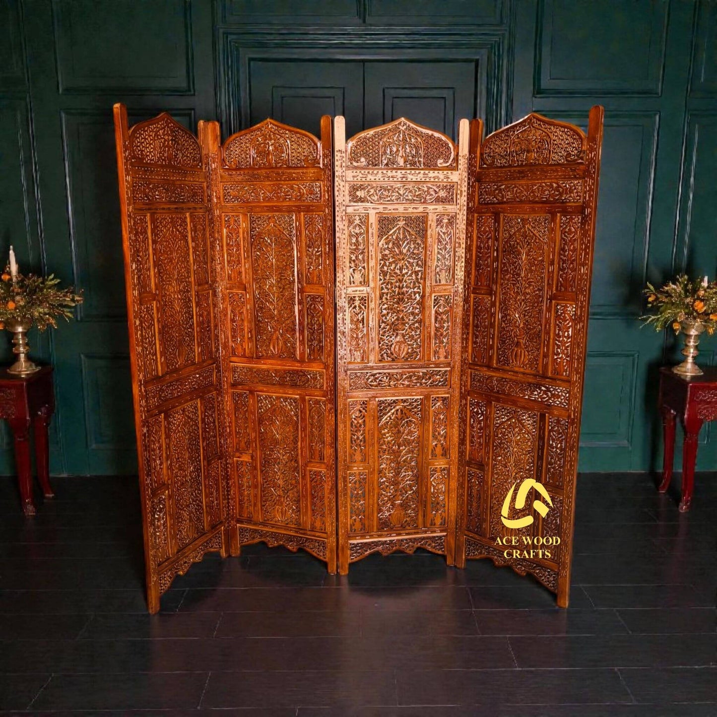 Premium antique wooden partition screen placed in a luxury dark themed living room