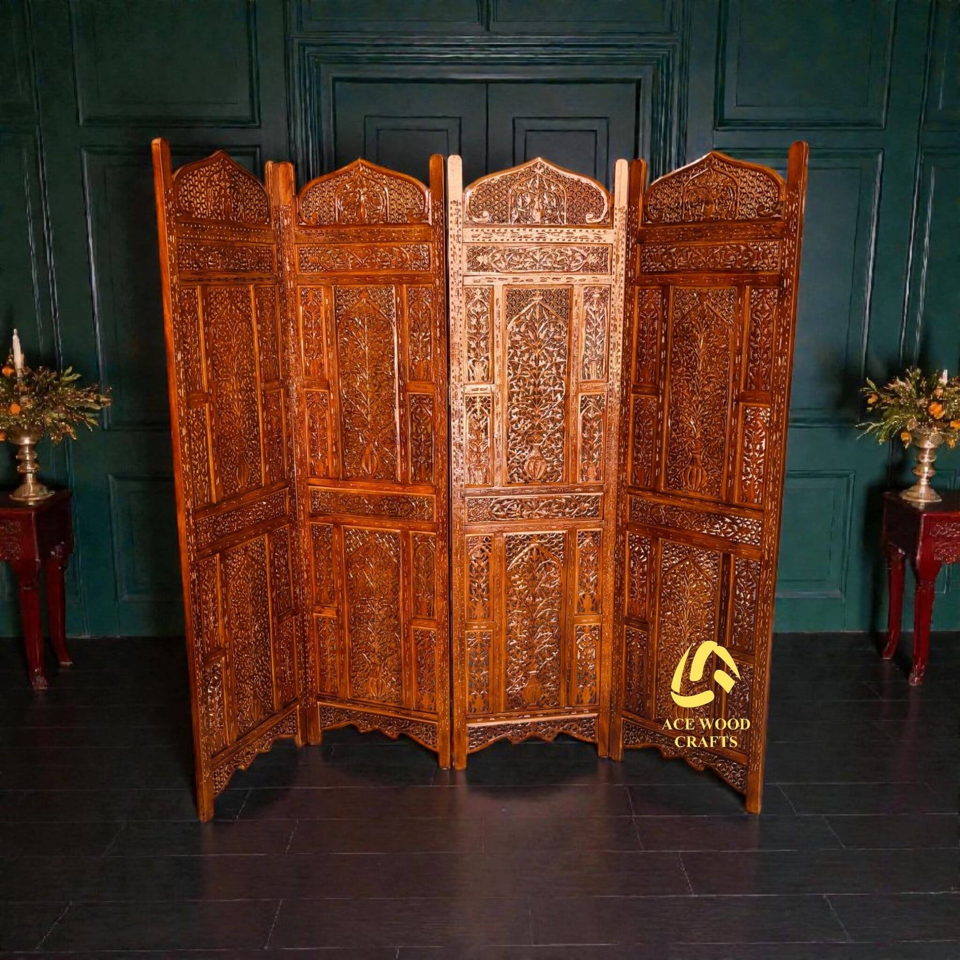Premium antique wooden partition screen placed in a luxury dark themed living room