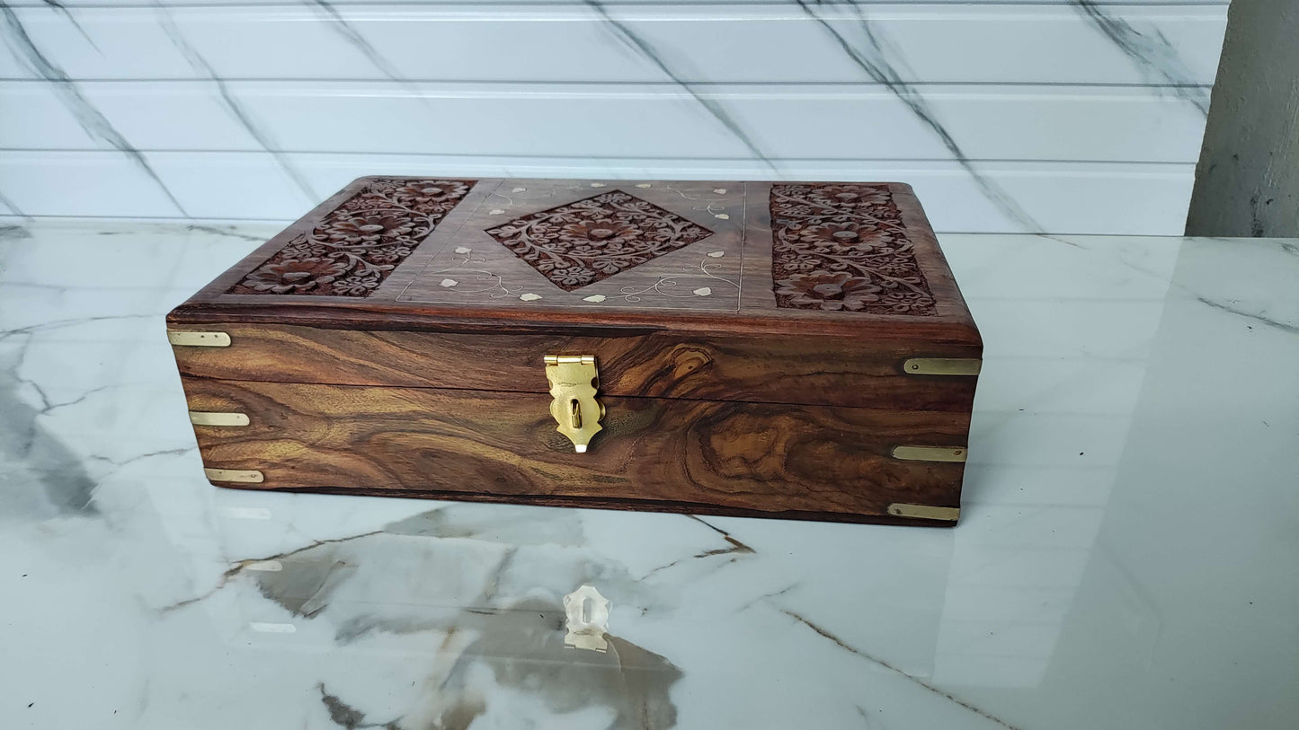 Rectangular grooved wood tray styled with black coffee and lemon slices.