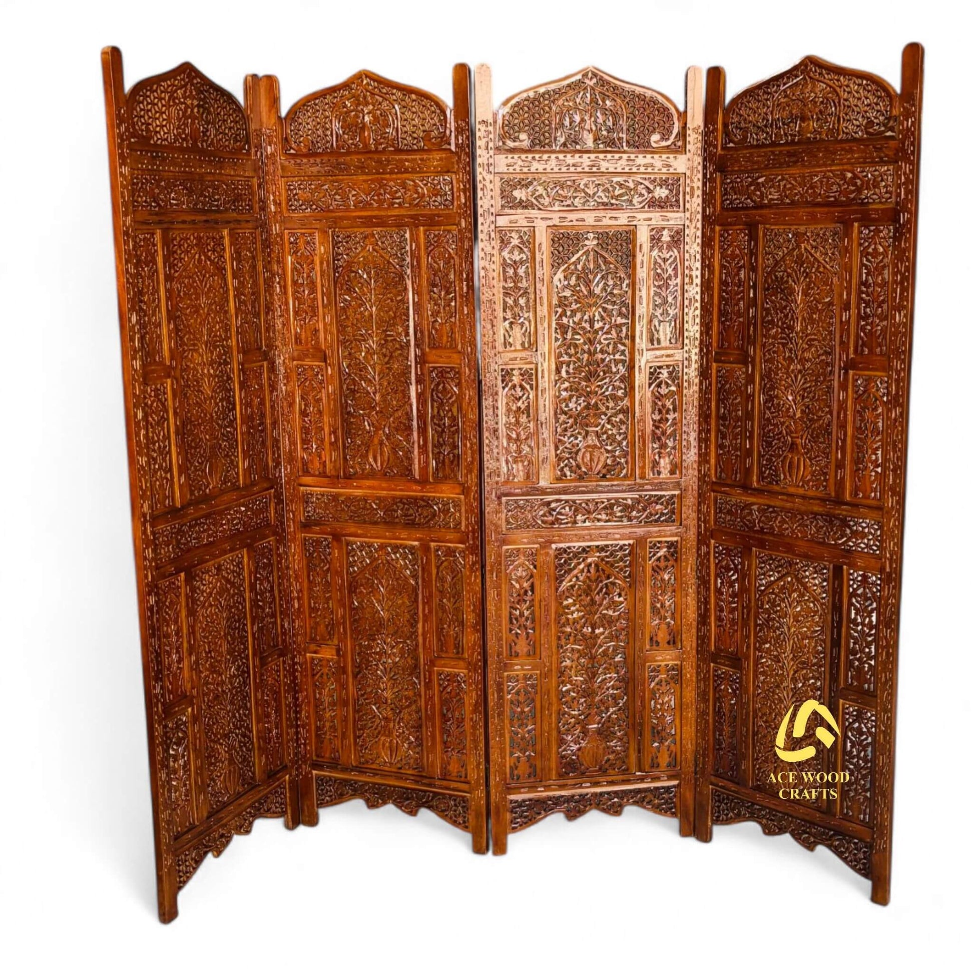 4 panel wooden room divider with intricate floral vase carving front view