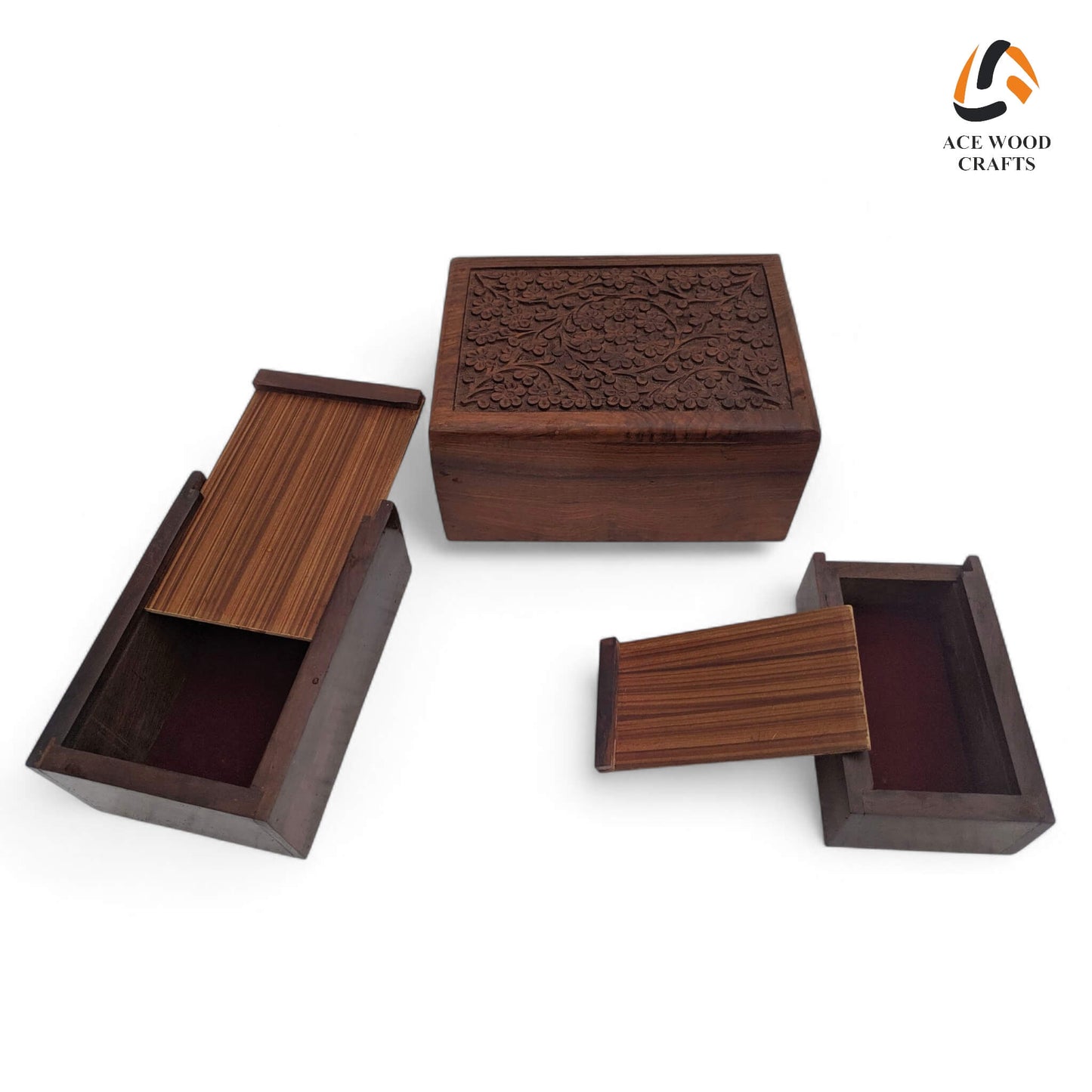 Set of 3 nesting wooden boxes with sliding tops open, displaying the handcrafted floral design.