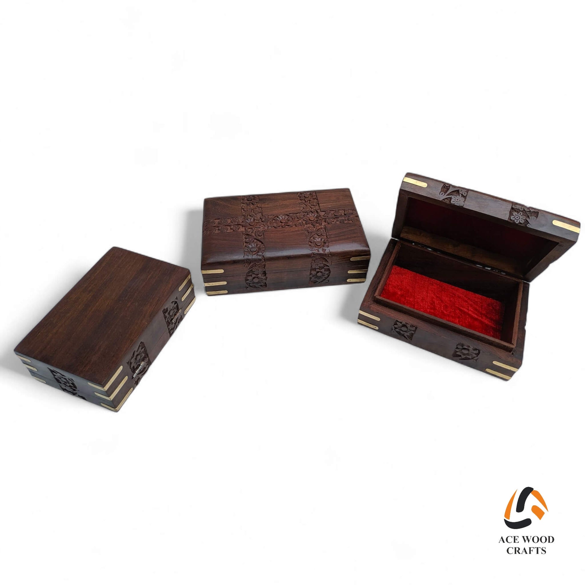 Open wooden jewellery box showing protective red velvet lining inside, ideal for storing rings and earrings.
