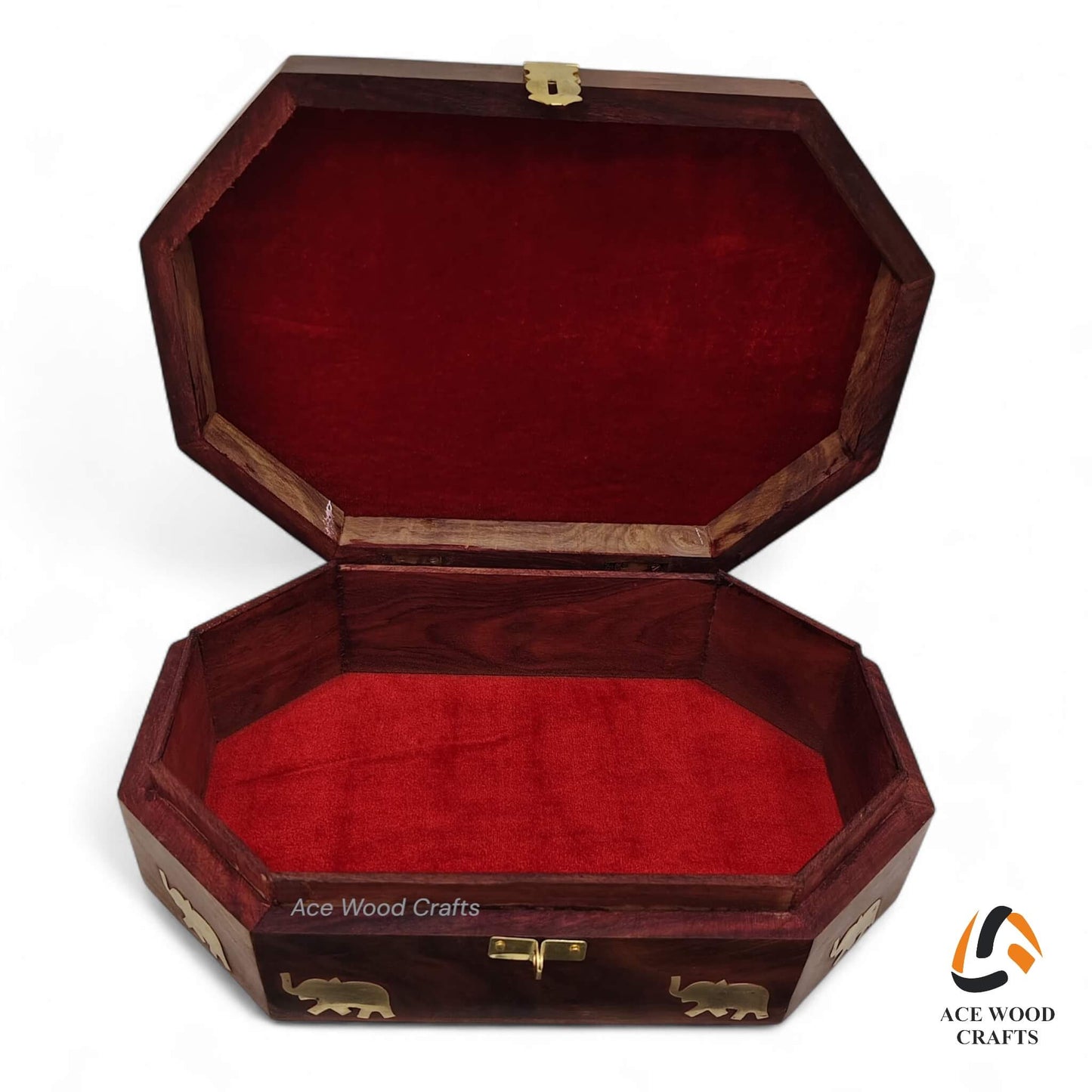 Open view showing red velvet lining, internal mirror, and removable storage tray.