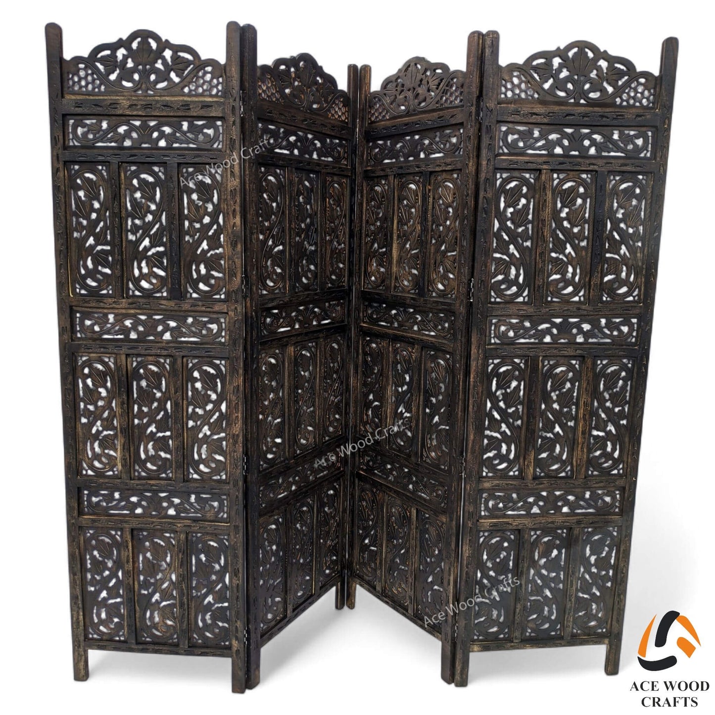 Angled perspective of Saharanpur wooden partition screen showing antique burnt finish.
