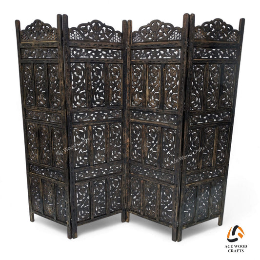 Front view of handcrafted 4-panel mango wood room divider with vertical scroll carvings.