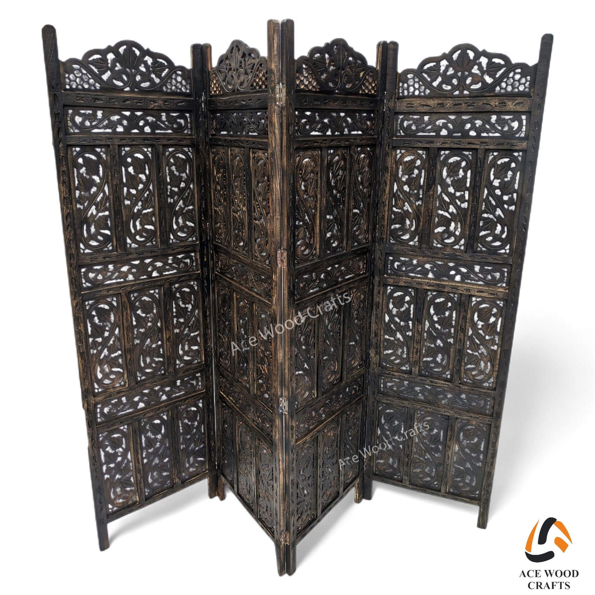 Close up detail of intricate vertical scroll and vine carving on mango wood.