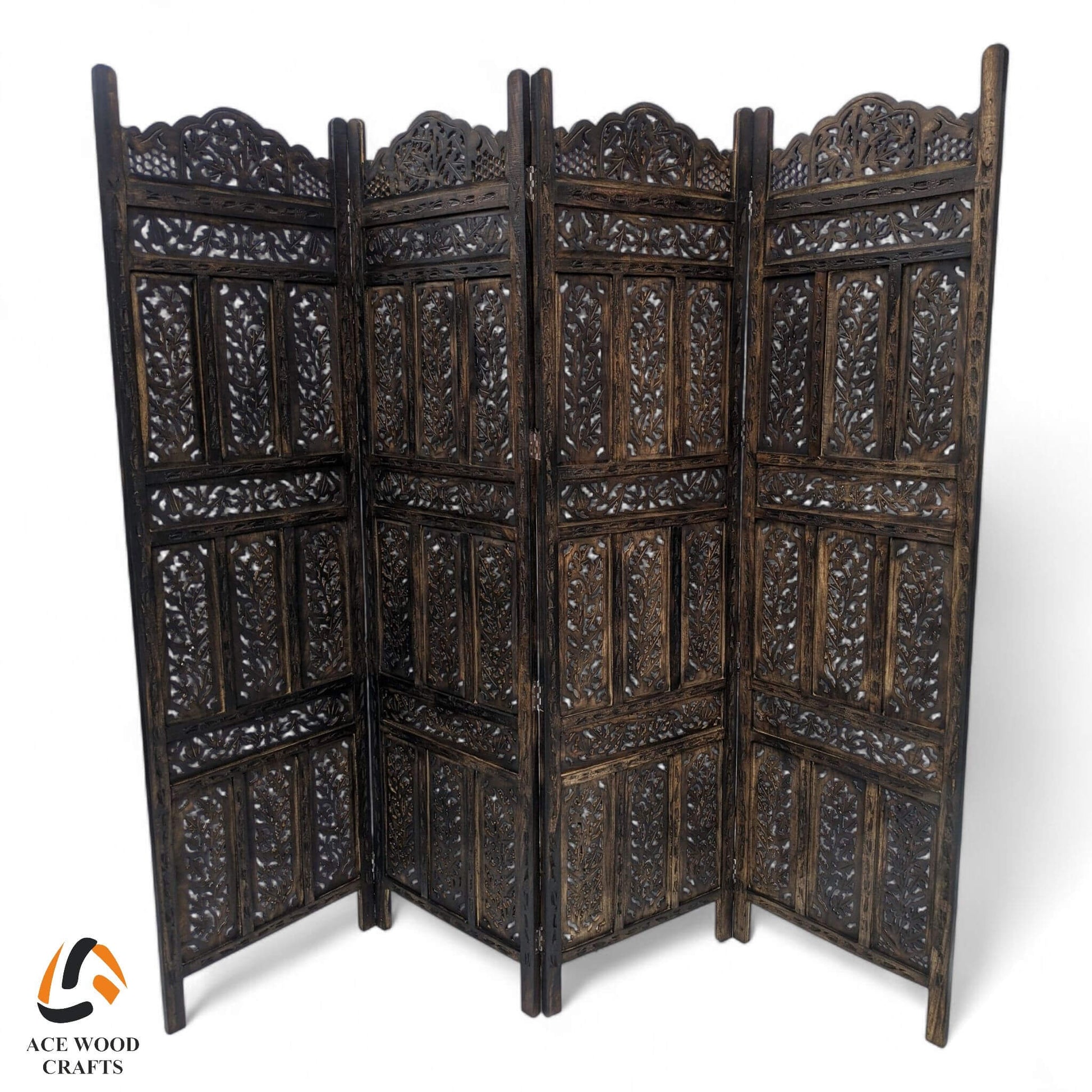 Zigzag standing display of wooden privacy screen with scrolling vine pattern.