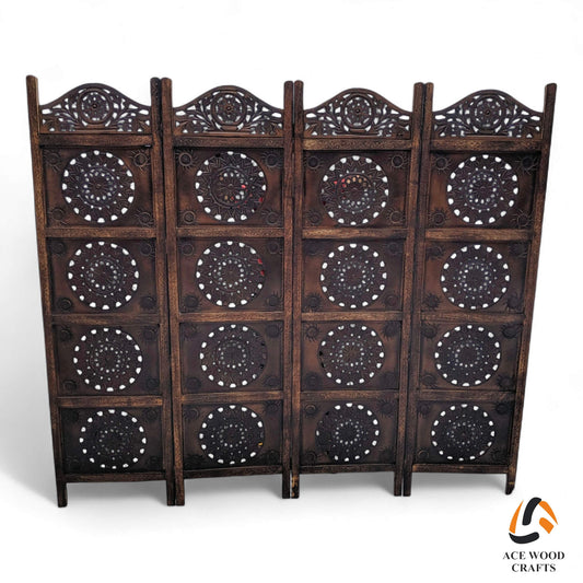 Front view of handcrafted 4-panel mango wood room divider with circular sunburst carvings.