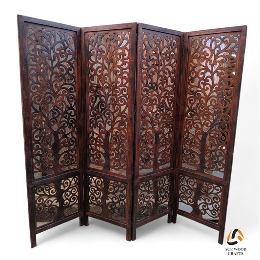 Front view of handcrafted 4-panel mango wood room divider with swirling tree of life carvings