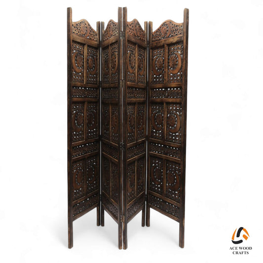 Angled perspective of Saharanpur wooden partition screen showing antique burnt finish and privacy pattern.